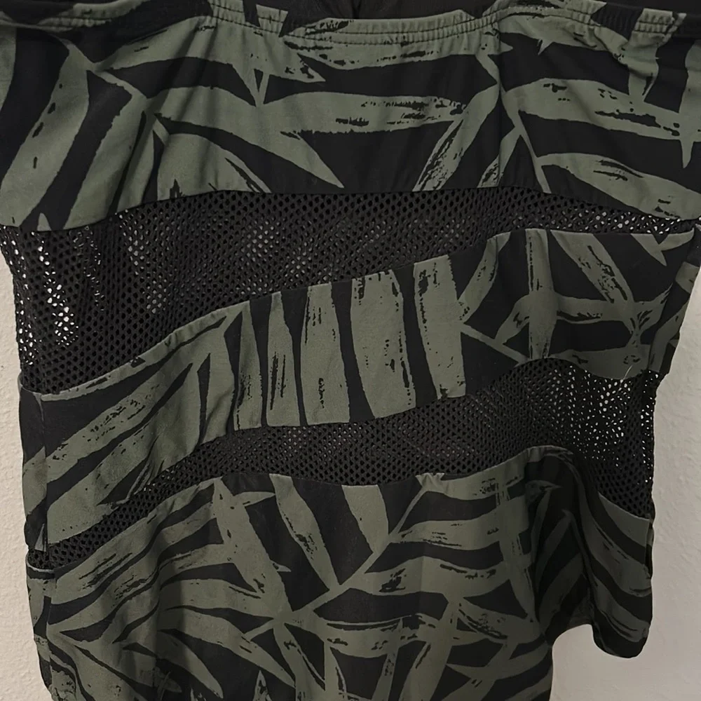 NWT Carmen Marc Valvo one piece swimsuit. Black w/green palms, mesh, size 12.